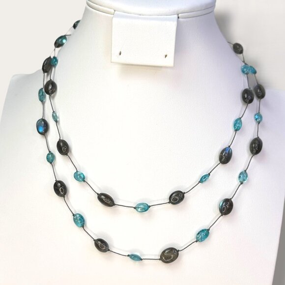 Handcrafted Sea Glass Bead Necklace Hand Knotted Aqua & Smoky Bead 36 inch EVC - Picture 1 of 13